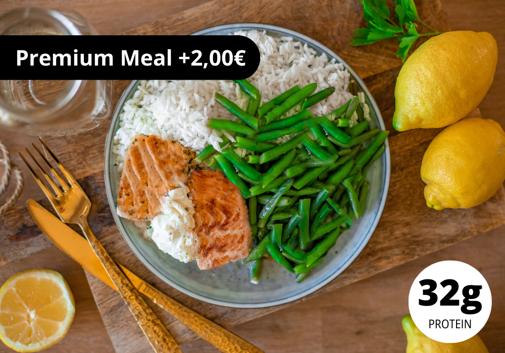 Lachs, Reis, grüne Bohnen