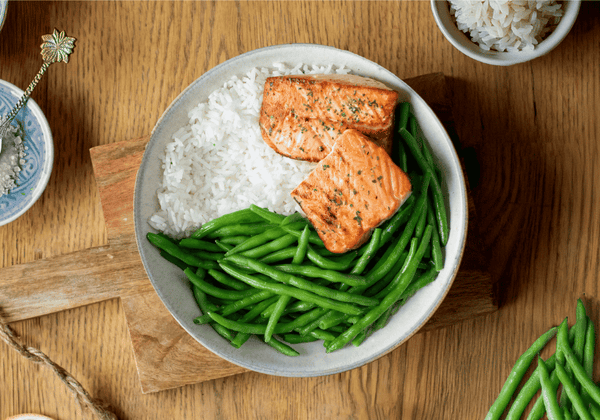 Saumon, riz, haricots verts