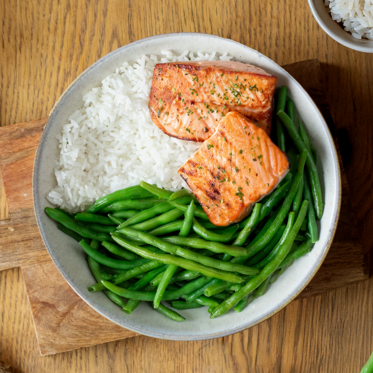Lachs, Reis, grüne Bohnen